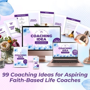 Peut inclure: Image promotionnelle avec un ordinateur de bureau, un ordinateur portable, une tablette et un smartphone affichant le "Cahier d'exercices ultime sur les idées de coaching". L'image comprend également des cahiers imprimés, une tasse de café et une lampe décorative. Le texte indique "99 idées de coaching pour les aspirants coachs de vie basés sur la foi."