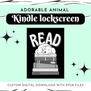 May include: Black and white digital illustration of a dog sleeping on a stack of books with the word "READ" above the dog. The image is on a light green background with white stars.