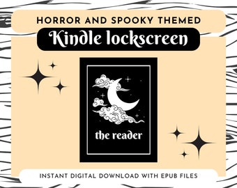 May include: A black and white digital illustration of a crescent moon with clouds and stars. The text "the reader" is below the moon. The image is on a beige background with stars.