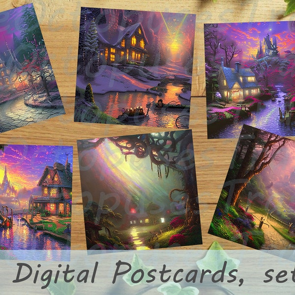 Thomas Kinkade Postcards w/ Lovecraftian Twist, +Metric Sizes, Square Postcards, Set of 6, Digital Download, AI Art