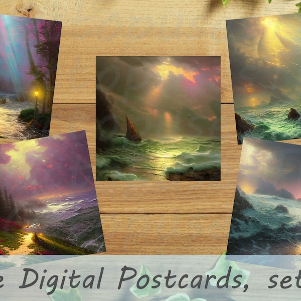 Cartes postales Thomas Kinkade, Seaside w/ Lovecraftian Twist, +Tailles métriques, Cartes postales carrées, Téléchargement numérique, AI Art