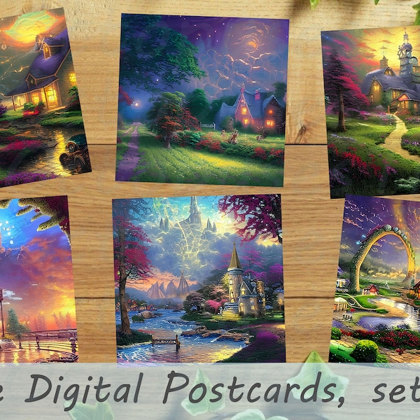 Thomas Kinkade Square Postcards w/ Lovecraftian Twist, Farmhouses & Dream Kingdoms, +Metric Sizes, Digital Downloads, AI Art