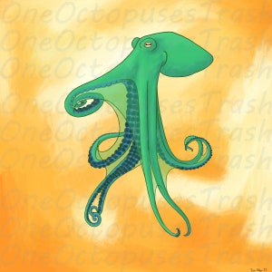 Peut inclure: Une pieuvre verte avec des accents bleus sur un fond jaune et orange. La pieuvre a huit tentacules et est enroulée dans une pose ludique.