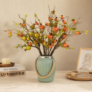 Può includere: Un vaso in ceramica verde chiaro con coste verticali e un manico in corda spessa, contenente una composizione decorativa di rami marroni con piccoli frutti arancioni e verdi simili a melograni e minuscole foglie verde brillante.