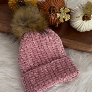 Cozy handmade crochet velvet beanie with fur pom, Beanie for babies to adults. fall winter hat.