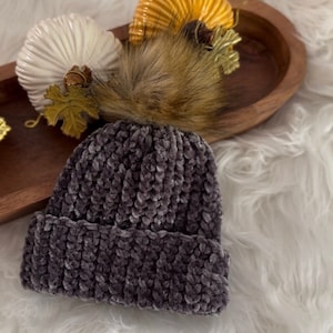 Cozy handmade crochet velvet beanie with fur pom, Beanie for babies to adults. fall winter hat.