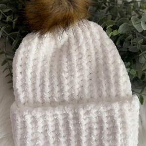 Cozy handmade crochet velvet beanie with fur pom, Beanie for babies to adults. fall winter hat.