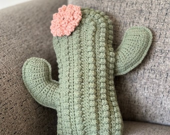 Crochet cactus decorative throw pillow with flower