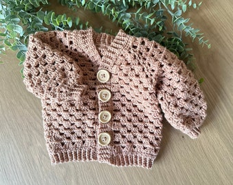 Handmade Baby to Child Crochet Cardigan with Natural Wood Buttons - Cute and Cozy Infant to Child Sweater for Fall and Winter