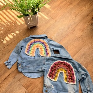 Upcycled 2T Girls Boho Rainbow Jean Jacket | Handmade Crochet Denim Jacket | Customized Toddler Boho Jacket | Sustainable Kids Clothing