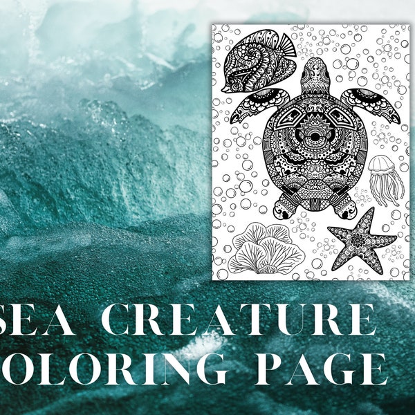 Sea Creature Coloring Page Printable Coloring Page Sea Creatures Coloring Page Animals Digital Coloring Page Turtle Coloring Page