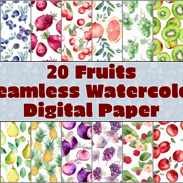 20 Fruits Watercolor Digital Paper, Seamless Pattern, Colorful Fruity Designs, Spring Paper, Fruit Background, Scrapbook, Apple, Banana