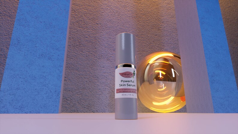 Pode incluir: Um frasco cinza de soro para a pele com um r&oacute;tulo branco que diz "Powerful Skin Serum" e "30 ml / 1 fl oz".