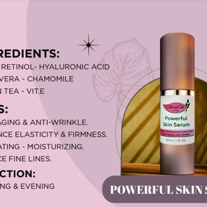 Pode incluir: Um frasco marrom de Colmy Can Powerful Skin Serum com um r&oacute;tulo branco e detalhes dourados. O r&oacute;tulo diz "Powerful Skin Serum" e lista os ingredientes, incluindo vitamina C, retinol, &aacute;cido hialur&ocirc;nico, aloe vera, camomila, ch&aacute; verde e vitamina E. O frasco est&aacute; sobre um fundo dourado com um fundo rosa e branco atr&aacute;s. O texto "Powerful Skin Serum" tamb&eacute;m est&aacute; escrito em letras grandes na parte inferior da imagem.