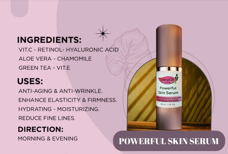 Pode incluir: Um frasco marrom de Colmy Can Powerful Skin Serum com um r&oacute;tulo branco e detalhes dourados. O r&oacute;tulo diz "Powerful Skin Serum" e lista os ingredientes, incluindo vitamina C, retinol, &aacute;cido hialur&ocirc;nico, aloe vera, camomila, ch&aacute; verde e vitamina E. O frasco est&aacute; sobre um fundo dourado com um fundo rosa e branco atr&aacute;s. O texto "Powerful Skin Serum" tamb&eacute;m est&aacute; escrito em letras grandes na parte inferior da imagem.