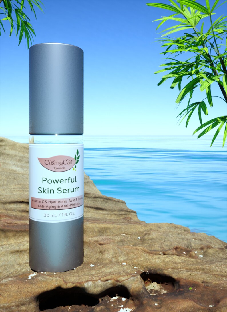Pode incluir: Um frasco prateado de soro facial potente Cosmo Can Canada com o texto "Vitamin C & Hyaluronic Acid & Retinol Anti-Aging & Anti-Wrinkle 30 ml/1 fl. Oz" no r&oacute;tulo. O frasco est&aacute; sobre uma rocha marrom com um oceano azul e palmeiras verdes ao fundo.