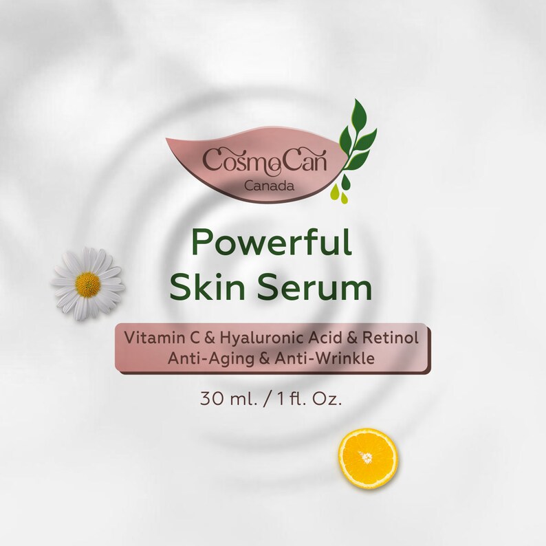 Pode incluir: Um r&oacute;tulo branco e rosa com o texto "CosmoCan Canada" e "Powerful Skin Serum" em um c&iacute;rculo branco com folhas verdes. O r&oacute;tulo tamb&eacute;m inclui o texto "Vitamin C & Hyaluronic Acid & Retinol Anti-Aging & Anti-Wrinkle 30 ml. / 1 fl. Oz."