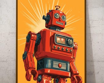 May include: A framed print of a retro-style red robot with a yellow background and radiating lines. The robot has a boxy head, round eyes, and articulated limbs. The print is displayed on a wooden floor against a white wall.
