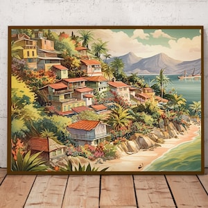 Vintage Inspired Puerto Vallarta Beach Illustration I Puerto Vallarta Beach I Puerto Vallarta Vintage Ocean Print I Puerto Vallarta Print
