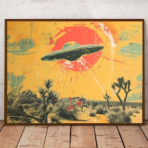 Retro UFO Desert Art Print – Mid Century Modern Alien Wall Art, Joshua Tree UFO Canvas, Sci-Fi Poster, Vintage Style Space Decor