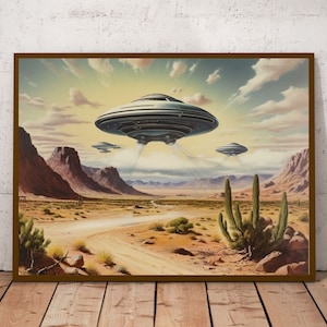 Arizona UFO Fly-By I UFO  Retro Wall Art I Mid Century I Atomic Age Inspired I UFO In Desert