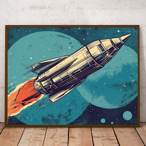 May include: A vintage-style illustration of a rocket ship flying through space with a trail of fire behind it. The rocket is surrounded by stars and two planets, one blue and one brown. The image has a retro, faded look.