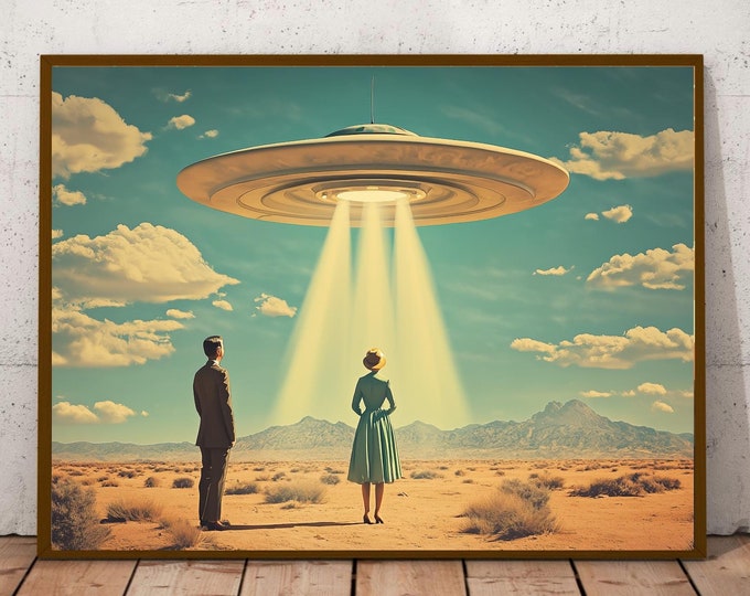 Desert Visit I Vintage 1950's Inspired UFO Sighting I Mid Century Modern I Atomic Age Wall Print.