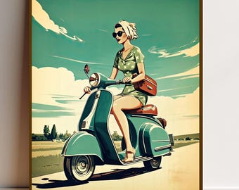 Vespa Girl Art Print – Vintage Scooter Wall Art, Mid-Century Poster