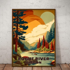 Rogue River Oregon Wall Art Print – Retro Travel Poster, Pacific Northwest Decor, Vintage Style Landscape Art, Oregon Nature Gift