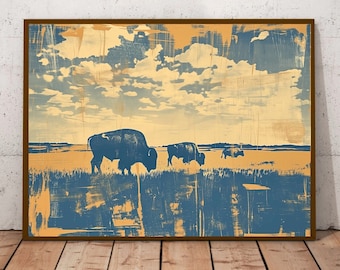 Buffalo Prairie Grazing, Bison Print, Buffalo Print, Mid Century Modern Wall Art, Minimalist Art, Fauvist Print,