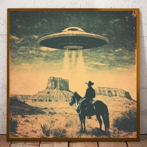 Vintage Cowboy and UFO Art Print - Retro Sci-Fi Western Wall Decor - Desert Landscape Artwork - Unique Americana Style