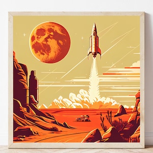 May include: A retro-style illustration of a rocket ship launching into space against a backdrop of a red planet and a desert landscape.