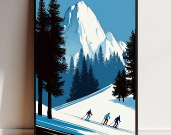 Vintage Ski Poster, Retro Alpine Wall Art, Mid Century Modern Winter Print, Ski Lodge Decor