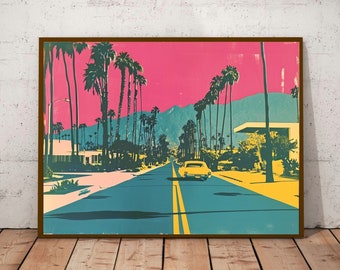 Palm Springs Mid Century Print I Vintage Inspired Palm Springs Risograph Style,Palm Trees,Palm Springs Mountain Print.Palm Springs Landscape