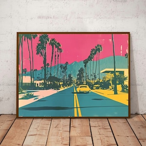Palm Springs Mid Century Print I Vintage Inspired Palm Springs Risograph Style,Palm Trees,Palm Springs Mountain Print.Palm Springs Landscape