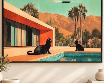 Lámina artística de ovnis con gato negro, póster retro de ciencia ficción de Palm Springs