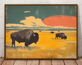Buffalo Prairie Grazing, Bison Print, Buffalo Print, Mid Century Modern Wall Art, Minimalist Art, Fauvist Print,