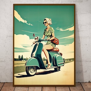 Vespa Girl #1 Art Print, Vintage Inspired Vespa Print, Girl on Scooter, Classic Vespa Print , Vintage Scooter Wall Art, Vespa Poster