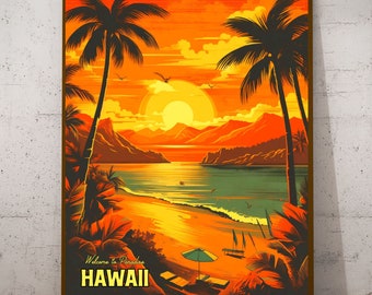 Hawaii Retro Travel Print - Vintage Tropical Wall Art - Mid Century Modern Beach Poster - Colorful Hawaiian Sunset Print