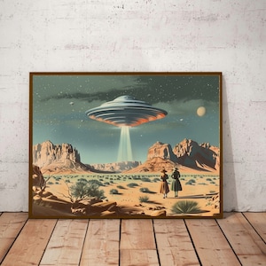 May include: A vintage-style illustration of a flying saucer hovering over a desert landscape. Two figures in cowboy hats stand in the foreground, looking up at the UFO.