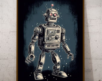 May include: A vintage-style robot illustration with a silver body and red eyes. The robot is standing on a dark blue background with white stars.