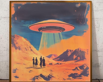 Retro UFO Desert Art Print - Mid Century Modern Sci-Fi Wall Art - Vintage Spaceship Illustration - Alien Abduction Atomic Age Decor