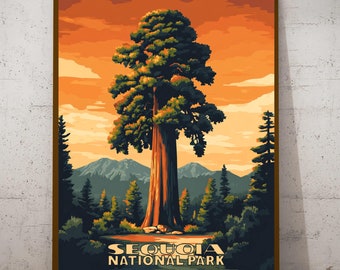 May include: A vintage-style poster featuring a large sequoia tree in a forest setting. The poster has a warm orange and brown color scheme and the text "Sequoia National Park" at the bottom.