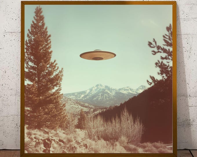 Vintage UFO Print – Retro 1970s Polaroid Style Alien Spaceship Over Yellowstone Mountains – Sci-Fi Wall Art, Mid-Century Modern Decor