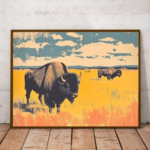 Buffalo Prairie Grazing, Bison Print, Buffalo Print, Mid Century Modern Wall Art, Minimalist Art, Fauvist Print