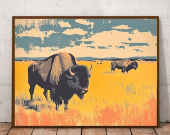 Buffalo Prairie Grazing, Bison Print, Buffalo Print, Mid Century Modern Wall Art, Minimalist Art, Fauvist Print