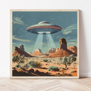 Mid Century Modern Wall Art,Meteor Shower UFO,Roswell Chillin',Vintage 1950's Inspired UFO Sighting,Mid Century Modern,Atomic Age Wall Print