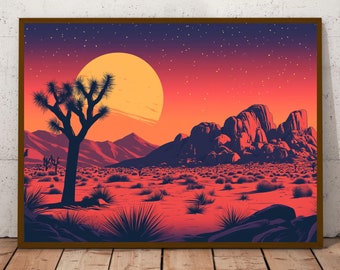 Joshua Tree Print, Desert Sunset Print,Retro Landscape Art, Southwest Sunset Decor, Mid-Century Modern Wall Art, Vibrant Desert Illustration