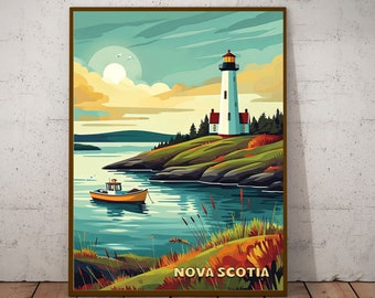 May include: A vintage-style illustration of a lighthouse on a rocky coastline with a small boat in the water. The sky is a soft blue with white clouds and the water is a turquoise blue. The text "NOVA SCOTIA" is at the bottom of the image.