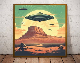 Desert Visitors, Retro UFO Print,mid Century Modern Wall Art